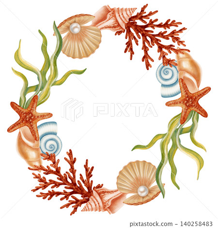 Watercolor marine wreath with red corals, seashells, starfish and pearls. Children's, nautical, travel themes. Suitable for design, prints, postcards, sea travel Watercolor marine wreath with red corals, seashells, starfish and pearls. Children's, nautical, travel themes. Suitable for design, prints, postcards, sea travel 140258483
