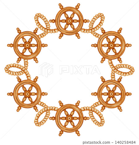 A seamless nautical watercolor wreath with a ship's helm and rope. Suitable for children, nautical themes, and travel. Suitable for design, printing, postcards, and sea travel. A seamless nautical watercolor wreath with a ship's helm and rope. Suitable for children, nautical themes, and travel. Suitable for design, printing, postcards, and sea travel. 140258484