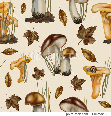 Hand-painted watercolor seamless pattern with chanterelle mushrooms, boletes, autumn leaves, and snails. Children's illustration. Suitable for books, packaging, cards, and children's clothing Hand-painted watercolor seamless pattern with chanterelle mushrooms, boletes, autumn leaves, and snails. Children's illustration. Suitable for books, packaging, cards, and children's clothing 140258485