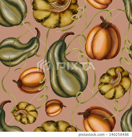 A seamless watercolor pattern with various pumpkins and gourds. Autumn pattern. Autumn still life. Halloween pumpkins. Suitable for books, packaging, cards, and children's clothing. A seamless watercolor pattern with various pumpkins and gourds. Autumn pattern. Autumn still life. Halloween pumpkins. Suitable for books, packaging, cards, and children's clothing. 140258486