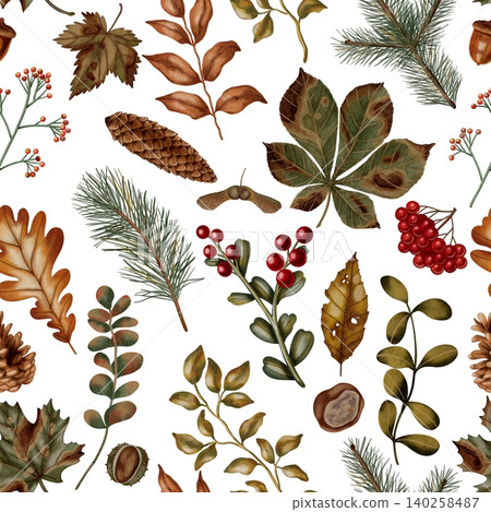 Autumn pattern. Seamless watercolor pattern of autumn leaves, berries, pine needles, and branches. Autumn still life. Children's illustration. Suitable for books, packaging, cards Autumn pattern. Seamless watercolor pattern of autumn leaves, berries, pine needles, and branches. Autumn still life. Children's illustration. Suitable for books, packaging, cards 140258487