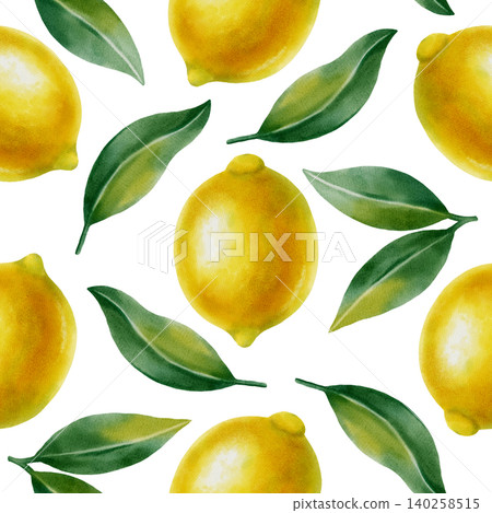 Seamless watercolor pattern featuring whole yellow lemons and green leaves. Hand-drawn summer botanical illustration is perfect for fabric, wallpaper, packaging, and kitchen decor Seamless watercolor pattern featuring whole yellow lemons and green leaves. Hand-drawn summer botanical illustration is perfect for fabric, wallpaper, packaging, and kitchen decor 140258515