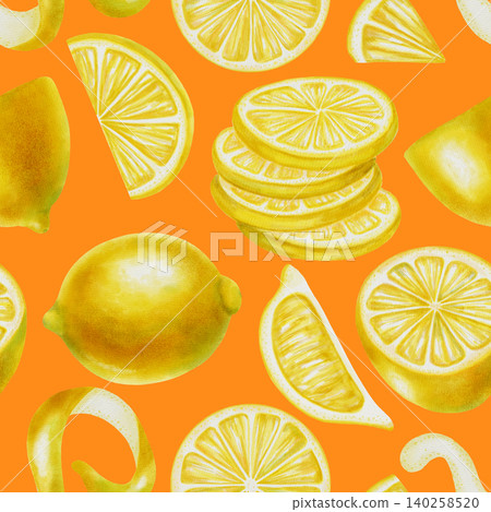 Rich seamless watercolor pattern with whole lemons, slices, and zest spirals. Summer botanical illustration is perfect for fabric, wallpaper, packaging, kitchen decor, menu, vibrant summer backgrounds Rich seamless watercolor pattern with whole lemons, slices, and zest spirals. Summer botanical illustration is perfect for fabric, wallpaper, packaging, kitchen decor, menu, vibrant summer backgrounds 140258520