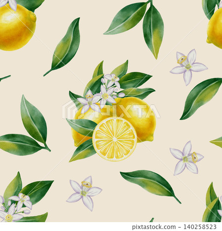 Watercolor seamless pattern featuring lemon slices, whole fruits and flowers. Hand drawn botanical illustration for fabric, textiles, wallpaper and Mediterranean style decor, kitchen decor, cafe menu Watercolor seamless pattern featuring lemon slices, whole fruits and flowers. Hand drawn botanical illustration for fabric, textiles, wallpaper and Mediterranean style decor, kitchen decor, cafe menu 140258523