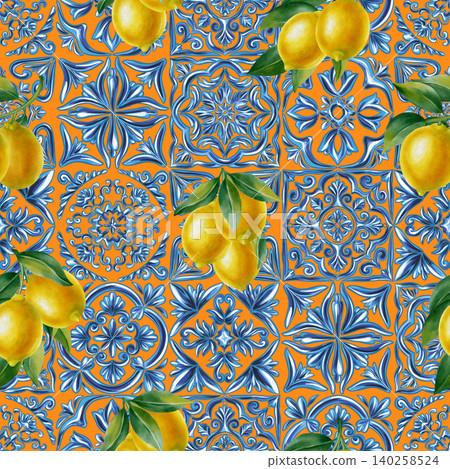 Mediterranean majolica tile style seamless pattern with lemons and blue ornaments. Watercolor traditional Italian azulejo design for textile, home and kitchen decor, fabric, textiles Mediterranean majolica tile style seamless pattern with lemons and blue ornaments. Watercolor traditional Italian azulejo design for textile, home and kitchen decor, fabric, textiles 140258524