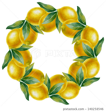 Watercolor wreath of ripe yellow lemons and leaves. Hand drawn citrus fruits and foliage circle frame for Mediterranean style designs and wedding decor, kitchen decor, invitations, packaging, markets Watercolor wreath of ripe yellow lemons and leaves. Hand drawn citrus fruits and foliage circle frame for Mediterranean style designs and wedding decor, kitchen decor, invitations, packaging, markets 140258546