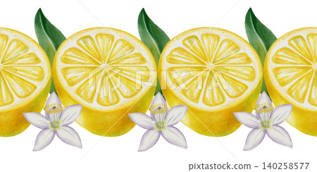 Seamless watercolor border with lemon. Lemon branches with fruits and leaves. Banner with tropical citrus fruits. Design for kitchen textiles, packaging, cosmetics, textiles, and cards. Seamless watercolor border with lemon. Lemon branches with fruits and leaves. Banner with tropical citrus fruits. Design for kitchen textiles, packaging, cosmetics, textiles, and cards. 140258577
