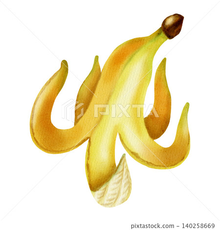 Watercolor illustration yellow banana peel isolated on white. Botanical art for food packaging, fabrics, wallpaper, kitchen decor, and cafe menus. Watercolor illustration yellow banana peel isolated on white. Botanical art for food packaging, fabrics, wallpaper, kitchen decor, and cafe menus. 140258669