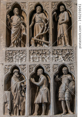 Melchizedek offering bread and wine to Abraham Reims Cathedral France 140259041