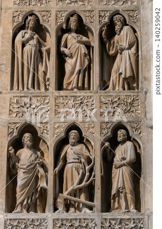 Reims Cathedral interior facade medieval statues and stone carvings 140259042