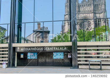 Jean Falala Media Library with Reims Cathedral reflection in France Jean Falala Media Library with Reims Cathedral reflection in France 140259092