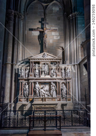 France, Reims, Gothic Altarpiece with Crucifixion and Pieta Sculptures inside Cathedra France, Reims, Gothic Altarpiece with Crucifixion and Pieta Sculptures inside Cathedra 140259098