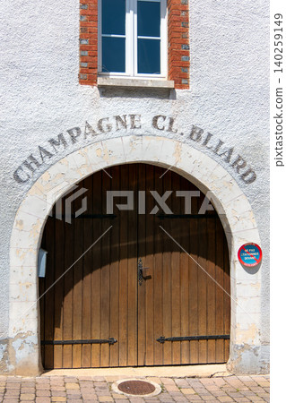 Champagne Cl. Bliard cellar wooden entrance door in Hautvillers France Champagne Cl. Bliard cellar wooden entrance door in Hautvillers France 140259149