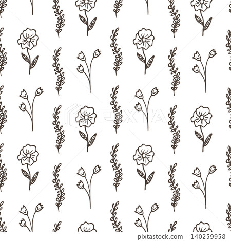 Seamless pattern with hand drawn flowers and leaves. Botanical sketch wallpaper with floral elements. Simple ink illustration for fabric print, stationery, textile art and background design. 140259958