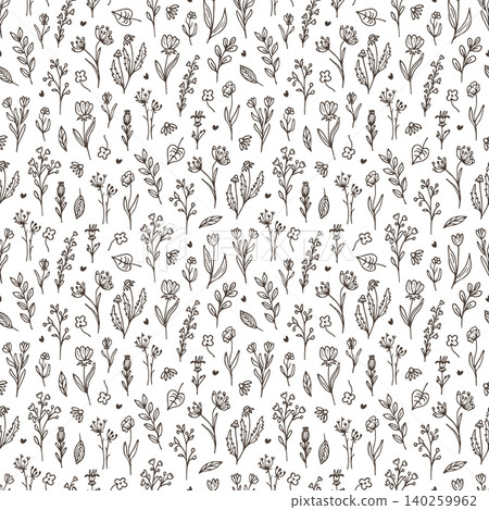 Seamless Flowers doodle pattern with botanical motifs and small plant elements. Decorative plant hand-drawn print for fabric, wallpaper, tea packaging, kraft paper, natural herbal cosmetics. Seamless Flowers doodle pattern with botanical motifs and small plant elements. Decorative plant hand-drawn print for fabric, wallpaper, tea packaging, kraft paper, natural herbal cosmetics. 140259962