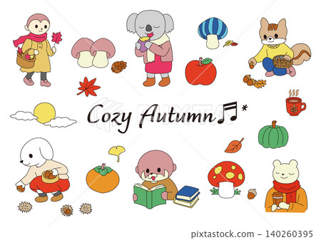 A heartwarming illustration set of animal characters enjoying autumn. A heartwarming illustration set of animal characters enjoying autumn. 140260395