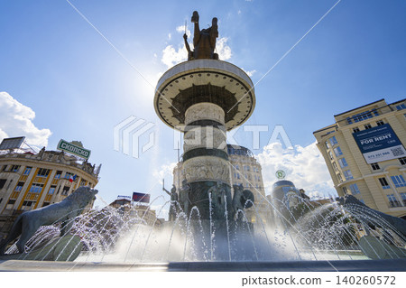 The large fountain with the monument to Alexander III of Macedonia in Skopje, North Macedonia 140260572