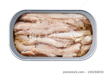 Sardine fillets, skinless and boneless, in sunflower oil, in an open tin can. Wild-caught sardines, also called pilchards, rich in protein, omega-3, calcium, and vitamins. Isolated, from above. Photo Sardine fillets, skinless and boneless, in sunflower oil, in an open tin can. Wild-caught sardines, also called pilchards, rich in protein, omega-3, calcium, and vitamins. Isolated, from above. Photo 140260650