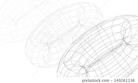 3D wireframe background of a three-dimensional tube circle, white, landscape orientation, 16:9 aspect ratio. 3D wireframe background of a three-dimensional tube circle, white, landscape orientation, 16:9 aspect ratio. 140261136