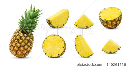 Pineapples or ananas collection. Whole pineapple, half of pineaple and cut in a slice of ananas isolated. 140261536