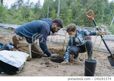 A man and his son plant a dogwood shrub on their countryside property A man and his son plant a dogwood shrub on their countryside property 140261574