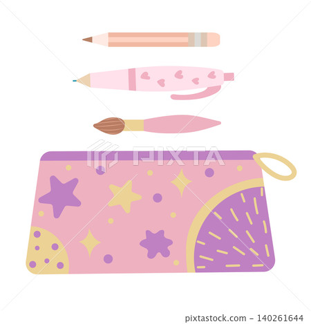 A stylish pencil case pouch packed with stationery pen supplies for school student education A stylish pencil case pouch packed with stationery pen supplies for school student education 140261644