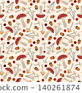 Hand-drawn seamless autumn background with poisonous forest mushrooms, acorn, berry for fall packaging, seasonal background 140261874