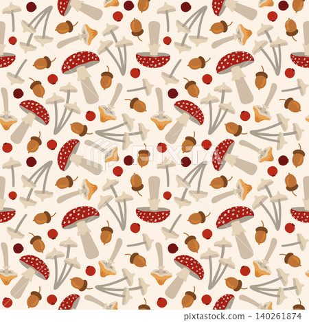 Hand-drawn seamless autumn background with poisonous forest mushrooms, acorn, berry for fall packaging, seasonal background Hand-drawn seamless autumn background with poisonous forest mushrooms, acorn, berry for fall packaging, seasonal background 140261874