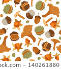 Hand-drawn seamless autumn pattern with mushrooms, acorn, cloudberry, chestnut for fall packaging, seasonal background 140261880