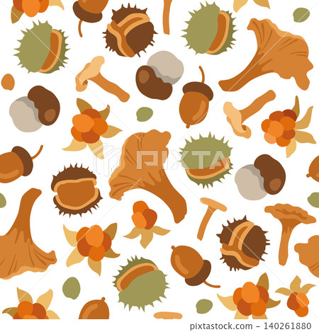 Hand-drawn seamless autumn pattern with mushrooms, acorn, cloudberry, chestnut for fall packaging, seasonal background Hand-drawn seamless autumn pattern with mushrooms, acorn, cloudberry, chestnut for fall packaging, seasonal background 140261880
