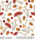 Hand-drawn seamless autumn pattern with poisonous mushrooms, acorn, berry for fall packaging, seasonal background 140261883