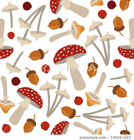 Hand-drawn seamless autumn pattern with poisonous mushrooms, acorn, berry for fall packaging, seasonal background Hand-drawn seamless autumn pattern with poisonous mushrooms, acorn, berry for fall packaging, seasonal background 140261883