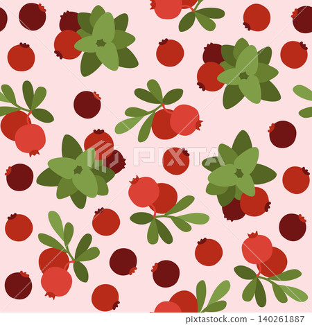 Hand-drawn summer floral seamless pattern with cranberry with leaves for seasonal background, packaging, cottagecore projects Hand-drawn summer floral seamless pattern with cranberry with leaves for seasonal background, packaging, cottagecore projects 140261887