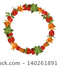 Hand-drawn summer and autumn forest wild berries floral wreath, cranberry, raspberry, blueberry, acorn, cloudberry round frame 140261891
