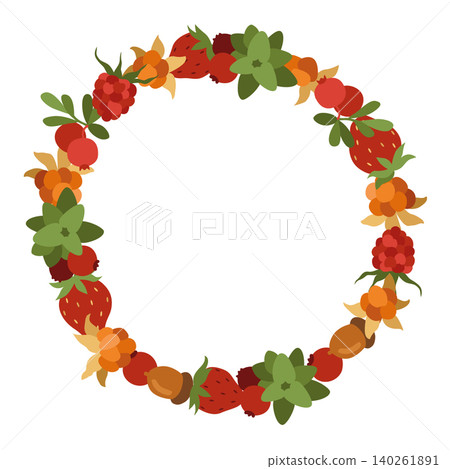 Hand-drawn summer and autumn forest wild berries floral wreath, cranberry, raspberry, blueberry, acorn, cloudberry round frame Hand-drawn summer and autumn forest wild berries floral wreath, cranberry, raspberry, blueberry, acorn, cloudberry round frame 140261891