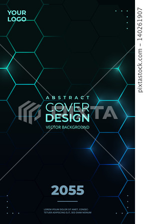 Dark hexagon abstract vertical background with blue and green colored bright flashes under hexagon. Hexagonal vector poster. Technology gaming cover design Dark hexagon abstract vertical background with blue and green colored bright flashes under hexagon. Hexagonal vector poster. Technology gaming cover design 140261907