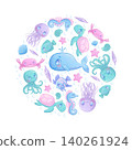 Cute cartoon sea animals in the shape of a circle on a white background. Whale, jellyfish, octopus, fish, seahorse, turtle, crab. Children's vector illustration for the design of poster, postcard 140261924