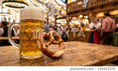 Macro Craft Beer Glass with Condensation and Pretzel Macro Craft Beer Glass with Condensation and Pretzel 140261970