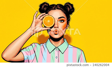 Playful young woman holding orange slice over eye on yellow background Playful young woman holding orange slice over eye on yellow background 140262004