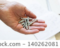 Hand holding various metal screws and fasteners over a blurred background of technical drawings 140262081