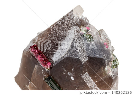 Macro mineral tourmaline stone in quartz on a white background Macro mineral tourmaline stone in quartz on a white background 140262126