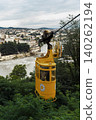 Old yellow cable car ride over river in Kutaisi, Georgia with city views in background 140262194