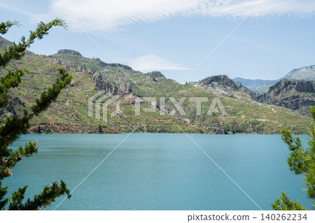 Panoramic Landscape view on green canyon Antalya Turkey with turquoise water mountain cliffs and green forest. Showcasing natural beauty travel tourist destination. Vacation concept Panoramic Landscape view on green canyon Antalya Turkey with turquoise water mountain cliffs and green forest. Showcasing natural beauty travel tourist destination. Vacation concept 140262234