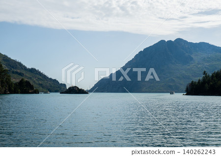 Panoramic Landscape view on green canyon Antalya Turkey with turquoise water mountain cliffs and green forest. Showcasing natural beauty travel tourist destination. Vacation concept Panoramic Landscape view on green canyon Antalya Turkey with turquoise water mountain cliffs and green forest. Showcasing natural beauty travel tourist destination. Vacation concept 140262243