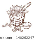 French fries in basket with dipping sauce. Vector illustration in clean hand drawn line art style. Fast food side dish for street food menus, cafe branding, takeaway packaging and advertising design 140262247