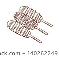 Set of corn dogs with different toppings on sticks. Vector illustration in clean hand drawn line art style. Fast food snack for street food menus, cafe branding, takeaway packaging and ads 140262249