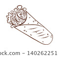 Wrap sandwich with meat vegetables and sauce in flatbread. Vector illustration in clean hand drawn line art style. Street food roll for fast food menus, cafe branding, takeaway packaging and ads 140262251