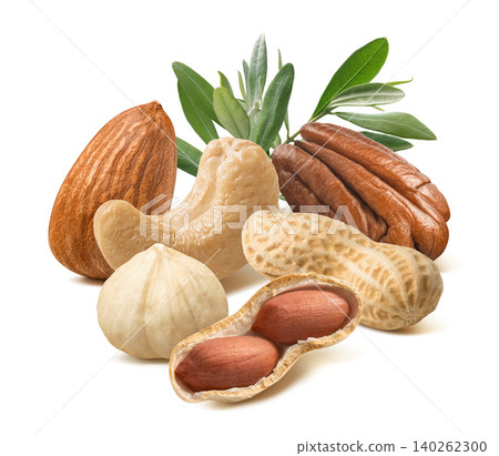 Almond, cashew; hazelnut; peanut, pecan nuts and green leaves isolated on white background Almond, cashew; hazelnut; peanut, pecan nuts and green leaves isolated on white background 140262300
