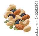 Peanut, almond, cashew nut,  pumpkin seeds and raisins isolated on white background 140262304