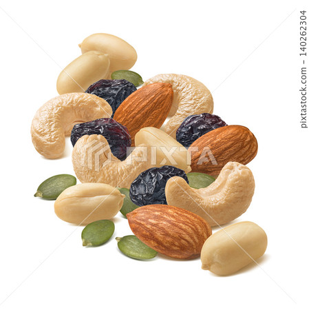Peanut, almond, cashew nut,  pumpkin seeds and raisins isolated on white background 140262304